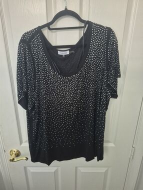 Calvin Klein Black Short Sleeve Scoop Neck Top with Silver Studs